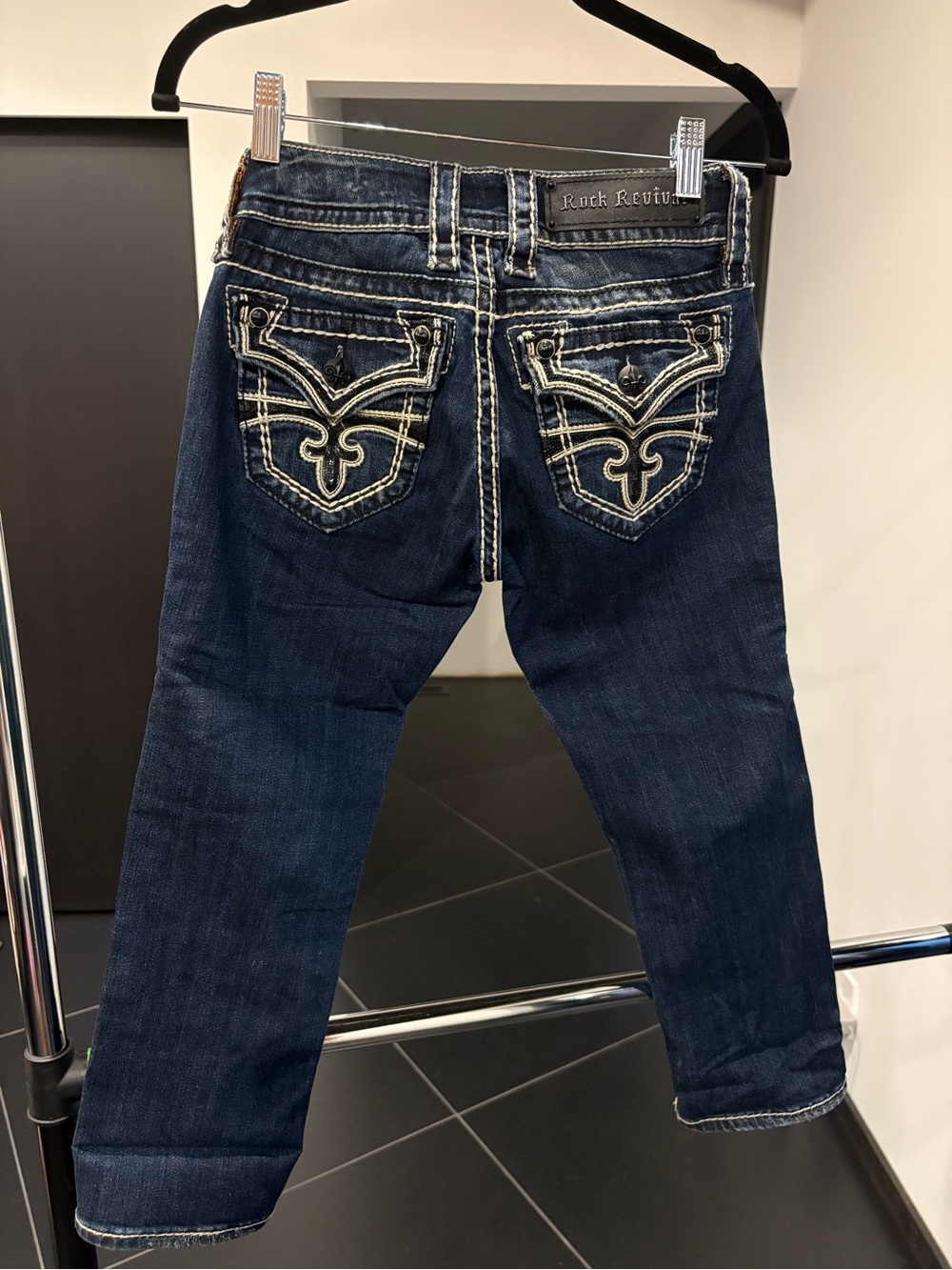 Rock Revival Dark Indigo Capris with Cream Embroidered Pockets